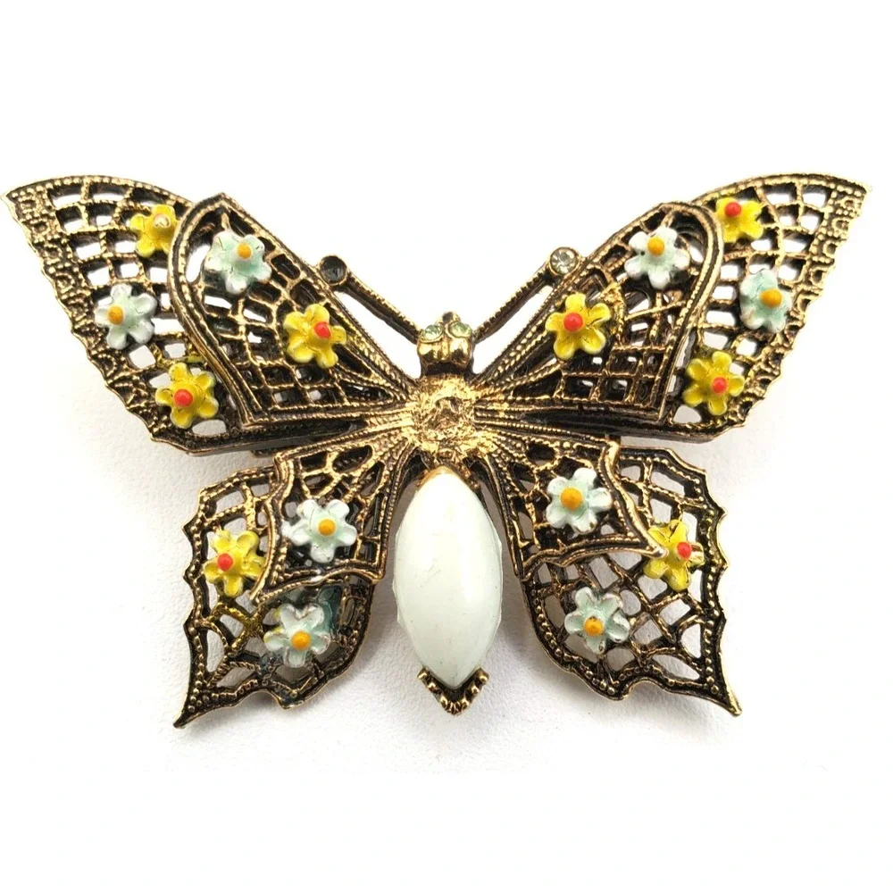 Vintage Filigree Butterfly Brooch Gold Tone Milk Glass & Flowers